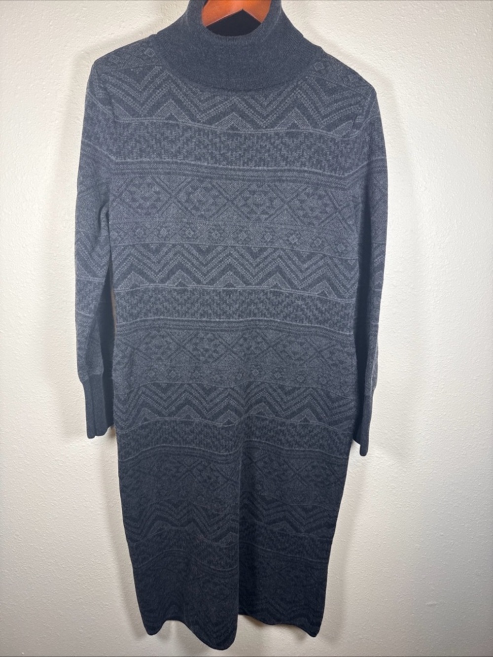 prAna CHARCOAL INTARSIA SOUTH ROCK SWEATER DRESS L  MIDI Cotton Wool Turtle Neck